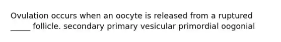 Ovulation occurs when an oocyte is released from a ruptured _____ follicle. secondary primary vesicular primordial oogonial