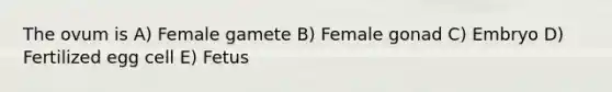 The ovum is A) Female gamete B) Female gonad C) Embryo D) Fertilized egg cell E) Fetus