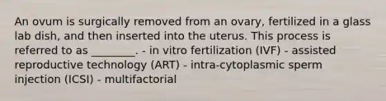 An ovum is surgically removed from an ovary, fertilized in a glass lab dish, and then inserted into the uterus. This process is referred to as ________. - in vitro fertilization (IVF) - assisted reproductive technology (ART) - intra-cytoplasmic sperm injection (ICSI) - multifactorial