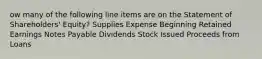 ow many of the following line items are on the Statement of Shareholders' Equity? Supplies Expense Beginning Retained Earnings Notes Payable Dividends Stock Issued Proceeds from Loans