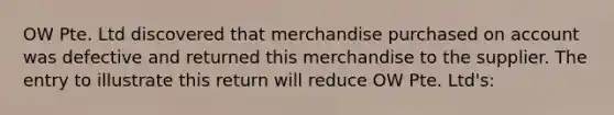 OW Pte. Ltd discovered that merchandise purchased on account was defective and returned this merchandise to the supplier. The entry to illustrate this return will reduce OW Pte. Ltd's: