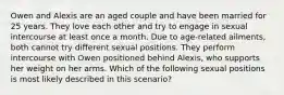 Owen and Alexis are an aged couple and have been married for 25 years. They love each other and try to engage in sexual intercourse at least once a month. Due to age-related ailments, both cannot try different sexual positions. They perform intercourse with Owen positioned behind Alexis, who supports her weight on her arms. Which of the following sexual positions is most likely described in this scenario?