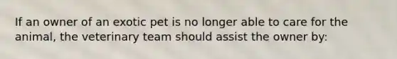 If an owner of an exotic pet is no longer able to care for the animal, the veterinary team should assist the owner by: