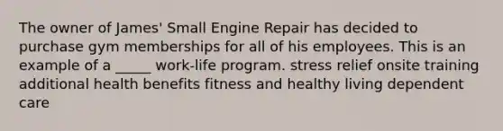 The owner of James' Small Engine Repair has decided to purchase gym memberships for all of his employees. This is an example of a _____ work-life program. stress relief onsite training additional health benefits fitness and healthy living dependent care