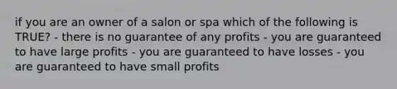 if you are an owner of a salon or spa which of the following is TRUE? - there is no guarantee of any profits - you are guaranteed to have large profits - you are guaranteed to have losses - you are guaranteed to have small profits