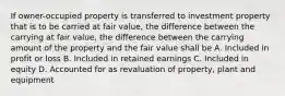 If owner-occupied property is transferred to investment property that is to be carried at fair value, the difference between the carrying at fair value, the difference between the carrying amount of the property and the fair value shall be A. Included in profit or loss B. Included in retained earnings C. Included in equity D. Accounted for as revaluation of property, plant and equipment