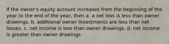 If the owner's equity account increases from the beginning of the year to the end of the year, then a. a net loss is less than owner drawings. b. additional owner investments are less than net losses. c. net income is less than owner drawings. d. net income is greater than owner drawings.