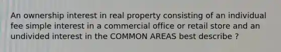 An ownership interest in real property consisting of an individual fee simple interest in a commercial office or retail store and an undivided interest in the COMMON AREAS best describe ?