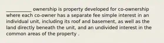 ___________ ownership is property developed for co-ownership where each co-owner has a separate fee simple interest in an individual unit, including its roof and basement, as well as the land directly beneath the unit, and an undivided interest in the common areas of the property .