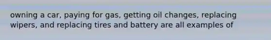 owning a car, paying for gas, getting oil changes, replacing wipers, and replacing tires and battery are all examples of