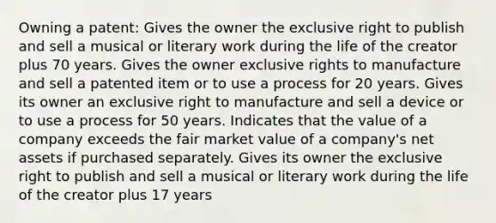 Owning a patent: Gives the owner the exclusive right to publish and sell a musical or literary work during the life of the creator plus 70 years. Gives the owner exclusive rights to manufacture and sell a patented item or to use a process for 20 years. Gives its owner an exclusive right to manufacture and sell a device or to use a process for 50 years. Indicates that the value of a company exceeds the fair market value of a company's net assets if purchased separately. Gives its owner the exclusive right to publish and sell a musical or literary work during the life of the creator plus 17 years