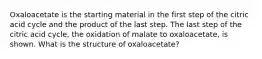 Oxaloacetate is the starting material in the first step of the citric acid cycle and the product of the last step. The last step of the citric acid cycle, the oxidation of malate to oxaloacetate, is shown. What is the structure of oxaloacetate?