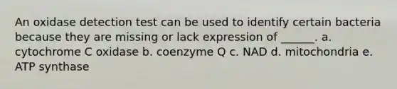 An oxidase detection test can be used to identify certain bacteria because they are missing or lack expression of ______. a. cytochrome C oxidase b. coenzyme Q c. NAD d. mitochondria e. ATP synthase