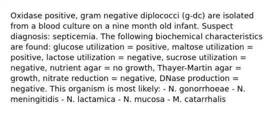 Oxidase positive, gram negative diplococci (g-dc) are isolated from a blood culture on a nine month old infant. Suspect diagnosis: septicemia. The following biochemical characteristics are found: glucose utilization = positive, maltose utilization = positive, lactose utilization = negative, sucrose utilization = negative, nutrient agar = no growth, Thayer-Martin agar = growth, nitrate reduction = negative, DNase production = negative. This organism is most likely: - N. gonorrhoeae - N. meningitidis - N. lactamica - N. mucosa - M. catarrhalis