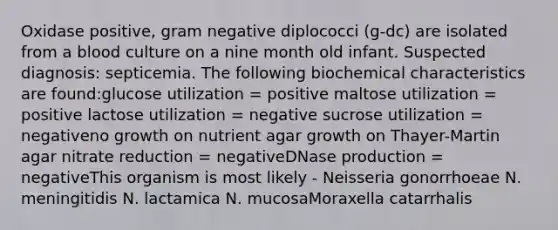 Oxidase positive, gram negative diplococci (g-dc) are isolated from a blood culture on a nine month old infant. Suspected diagnosis: septicemia. The following biochemical characteristics are found:glucose utilization = positive maltose utilization = positive lactose utilization = negative sucrose utilization = negativeno growth on nutrient agar growth on Thayer-Martin agar nitrate reduction = negativeDNase production = negativeThis organism is most likely - Neisseria gonorrhoeae N. meningitidis N. lactamica N. mucosaMoraxella catarrhalis