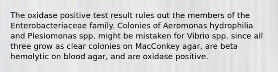 The oxidase positive test result rules out the members of the Enterobacteriaceae family. Colonies of Aeromonas hydrophilia and Plesiomonas spp. might be mistaken for Vibrio spp. since all three grow as clear colonies on MacConkey agar, are beta hemolytic on blood agar, and are oxidase positive.