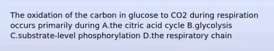 The oxidation of the carbon in glucose to CO2 during respiration occurs primarily during A.the citric acid cycle B.glycolysis C.substrate-level phosphorylation D.the respiratory chain