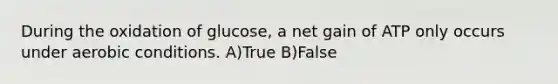 During the oxidation of glucose, a net gain of ATP only occurs under aerobic conditions. A)True B)False