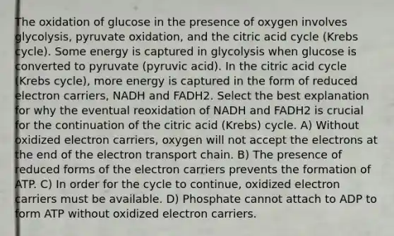 The oxidation of glucose in the presence of oxygen involves glycolysis, pyruvate oxidation, and the citric acid cycle (Krebs cycle). Some energy is captured in glycolysis when glucose is converted to pyruvate (pyruvic acid). In the citric acid cycle (Krebs cycle), more energy is captured in the form of reduced electron carriers, NADH and FADH2. Select the best explanation for why the eventual reoxidation of NADH and FADH2 is crucial for the continuation of the citric acid (Krebs) cycle. A) Without oxidized electron carriers, oxygen will not accept the electrons at the end of the electron transport chain. B) The presence of reduced forms of the electron carriers prevents the formation of ATP. C) In order for the cycle to continue, oxidized electron carriers must be available. D) Phosphate cannot attach to ADP to form ATP without oxidized electron carriers.