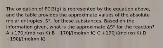 The oxidation of PCl3(g) is represented by the equation above, and the table provides the approximate values of the absolute molar entropies, S°, for these substances. Based on the information given, what is the approximate ΔS° for the reaction? A +170J/(molrxn⋅K) B −170J/(molrxn⋅K) C +190J/(molrxn⋅K) D −190J/(molrxn⋅K)