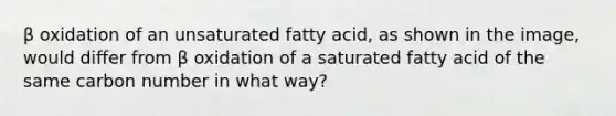 β oxidation of an unsaturated fatty acid, as shown in the image, would differ from β oxidation of a saturated fatty acid of the same carbon number in what way?