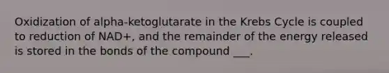 Oxidization of alpha-ketoglutarate in the Krebs Cycle is coupled to reduction of NAD+, and the remainder of the energy released is stored in the bonds of the compound ___.