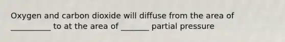 Oxygen and carbon dioxide will diffuse from the area of __________ to at the area of _______ partial pressure