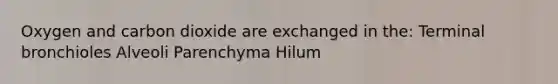 Oxygen and carbon dioxide are exchanged in the: Terminal bronchioles Alveoli Parenchyma Hilum