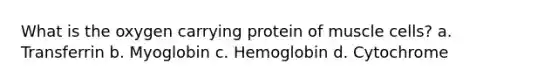 What is the oxygen carrying protein of muscle cells? a. Transferrin b. Myoglobin c. Hemoglobin d. Cytochrome