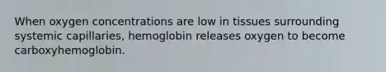 When oxygen concentrations are low in tissues surrounding systemic capillaries, hemoglobin releases oxygen to become carboxyhemoglobin.