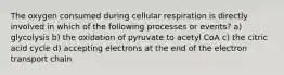 The oxygen consumed during cellular respiration is directly involved in which of the following processes or events? a) glycolysis b) the oxidation of pyruvate to acetyl CoA c) the citric acid cycle d) accepting electrons at the end of the electron transport chain