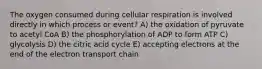 The oxygen consumed during cellular respiration is involved directly in which process or event? A) the oxidation of pyruvate to acetyl CoA B) the phosphorylation of ADP to form ATP C) glycolysis D) the citric acid cycle E) accepting electrons at the end of the electron transport chain