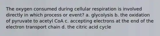 The oxygen consumed during cellular respiration is involved directly in which process or event? a. glycolysis b. the oxidation of pyruvate to acetyl CoA c. accepting electrons at the end of the electron transport chain d. the citric acid cycle