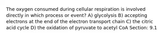 The oxygen consumed during cellular respiration is involved directly in which process or event? A) glycolysis B) accepting electrons at the end of the electron transport chain C) the citric acid cycle D) the oxidation of pyruvate to acetyl CoA Section: 9.1