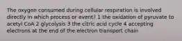 The oxygen consumed during cellular respiration is involved directly in which process or event? 1 the oxidation of pyruvate to acetyl CoA 2 glycolysis 3 the citric acid cycle 4 accepting electrons at the end of the electron transport chain