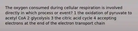 The oxygen consumed during <a href='https://www.questionai.com/knowledge/k1IqNYBAJw-cellular-respiration' class='anchor-knowledge'>cellular respiration</a> is involved directly in which process or event? 1 the oxidation of pyruvate to acetyl CoA 2 glycolysis 3 the citric acid cycle 4 accepting electrons at the end of <a href='https://www.questionai.com/knowledge/k57oGBr0HP-the-electron-transport-chain' class='anchor-knowledge'>the electron transport chain</a>