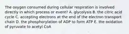 The oxygen consumed during cellular respiration is involved directly in which process or event? A. glycolysis B. the citric acid cycle C. accepting electrons at the end of the electron transport chain D. the phosphorylation of ADP to form ATP E. the oxidation of pyruvate to acetyl CoA