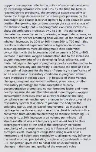 oxygen consumption reflects the uptick of maternal metabolism by increasing between 20% and 30% by the time full term is reached during pregnancy, the amount of space available to house the lungs decreases as the uterus puts pressure on the diaphragm and causes it to shift upward by 4 cm above its usual position the growing uterus does change the size and shape of the thoracic cavity, but: - diaphragmatic excursion increases - chest circumference increases by 2 to 3 in - the transverse diameter increases by an inch, allowing a larger tidal volume, as evidenced by deeper breathing tidal volume, or the volume of air inhaled - increases by 30% to 40% (from 500 to 700 mL) - this results in maternal hyperventilation + hypocapnia woman's breathing becomes more diaphragmatic than abdominal concomitant with the increase in tidal volume is a 30% to 40% increase in maternal oxygen consumption due to the increased oxygen requirements of the developing fetus, placenta, and maternal organs changes of pregnancy predispose the mother to increased morbidity and mortality + increase the risks of a less than optimal outcome for the fetus - frequency + significance of acute and chronic respiratory conditions in pregnant women have increased in recent years ---> because of these various changes, pregnant women with asthma, pneumonia, or other respiratory pathology are more susceptible to early decompensation a pregnant woman breathes faster and more deeply because she and the fetus need more oxygen - oxygen consumption increases even as airway resistance and lung compliance remain unchanged - changes in the structures of the respiratory system take place to prepare the body for the enlarging uterus and increased lung volume - as muscles and cartilage in the thoracic region relax, the chest broadens with a conversion from abdominal breathing to thoracic breathing ---> this leads to a 50% increase in air volume per minute - all structural alterations are temporary and revert back to their prepregnant state at the end of the pregnancy increased vascularity of the respiratory tract is influenced by increased estrogen levels, leading to congestion rising levels of sex hormones and heightened sensitivity to allergens may influence the nasal mucosa, precipitating: - epistaxis (nosebleed) - rhinitis ---> congestion gives rise to nasal and sinus stuffiness + changes in the tone and quality of the woman's voice