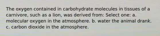 The oxygen contained in carbohydrate molecules in tissues of a carnivore, such as a lion, was derived from: Select one: a. molecular oxygen in the atmosphere. b. water the animal drank. c. carbon dioxide in the atmosphere.