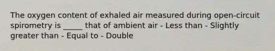 The oxygen content of exhaled air measured during open-circuit spirometry is _____ that of ambient air - Less than - Slightly greater than - Equal to - Double