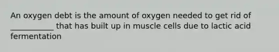 An oxygen debt is the amount of oxygen needed to get rid of ___________ that has built up in muscle cells due to lactic acid fermentation