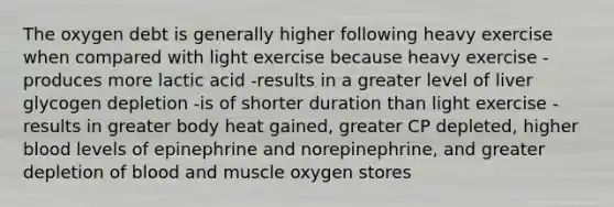 The oxygen debt is generally higher following heavy exercise when compared with light exercise because heavy exercise -produces more lactic acid -results in a greater level of liver glycogen depletion -is of shorter duration than light exercise -results in greater body heat gained, greater CP depleted, higher blood levels of epinephrine and norepinephrine, and greater depletion of blood and muscle oxygen stores