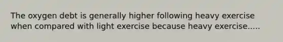 The oxygen debt is generally higher following heavy exercise when compared with light exercise because heavy exercise.....