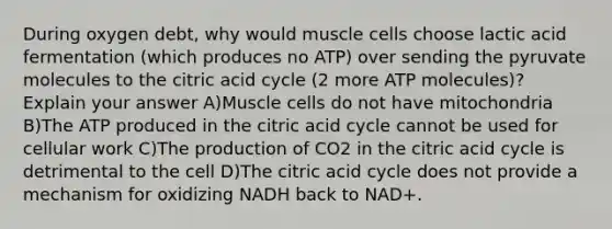 During oxygen debt, why would muscle cells choose lactic acid fermentation (which produces no ATP) over sending the pyruvate molecules to the citric acid cycle (2 more ATP molecules)? Explain your answer A)Muscle cells do not have mitochondria B)The ATP produced in the citric acid cycle cannot be used for cellular work C)The production of CO2 in the citric acid cycle is detrimental to the cell D)The citric acid cycle does not provide a mechanism for oxidizing NADH back to NAD+.