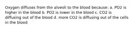 Oxygen diffuses from the alveoli to the blood because: a. PO2 is higher in the blood b. PO2 is lower in the blood c. CO2 is diffusing out of the blood d. more CO2 is diffusing out of the cells in the blood