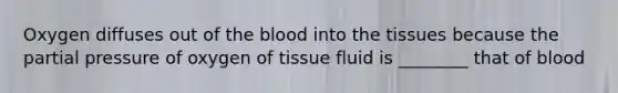 Oxygen diffuses out of <a href='https://www.questionai.com/knowledge/k7oXMfj7lk-the-blood' class='anchor-knowledge'>the blood</a> into the tissues because the partial pressure of oxygen of tissue fluid is ________ that of blood