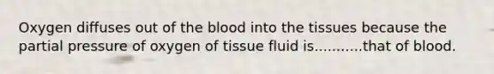 Oxygen diffuses out of the blood into the tissues because the partial pressure of oxygen of tissue fluid is...........that of blood.