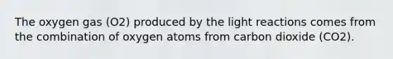 The oxygen gas (O2) produced by the light reactions comes from the combination of oxygen atoms from carbon dioxide (CO2).