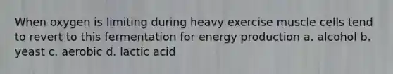 When oxygen is limiting during heavy exercise muscle cells tend to revert to this fermentation for <a href='https://www.questionai.com/knowledge/k3xoUYcii1-energy-production' class='anchor-knowledge'>energy production</a> a. alcohol b. yeast c. aerobic d. lactic acid