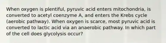 When oxygen is plentiful, pyruvic acid enters mitochondria, is converted to acetyl coenzyme A, and enters the Krebs cycle (aerobic pathway). When oxygen is scarce, most pyruvic acid is converted to lactic acid via an anaerobic pathway. In which part of the cell does glycolysis occur?